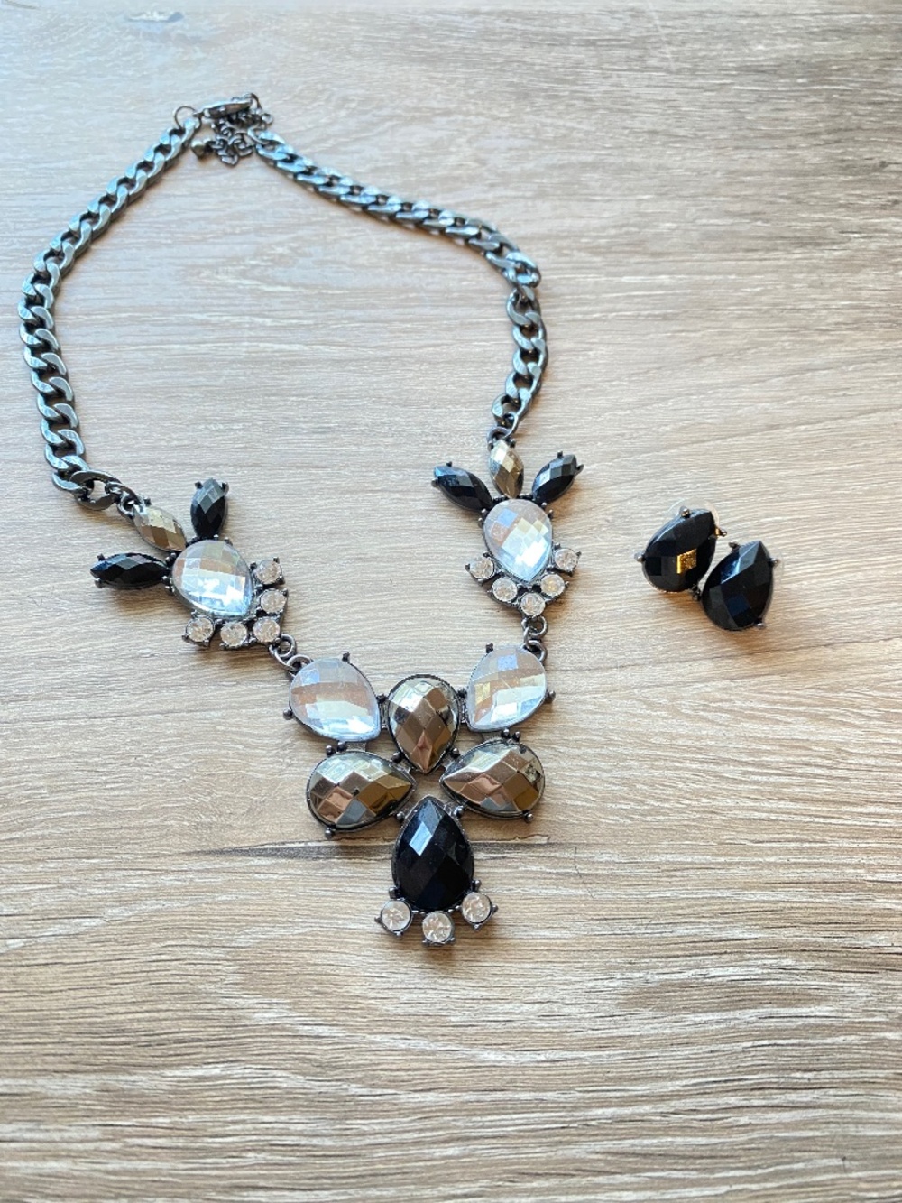 Black & Grey Crystal Statement Necklace and Matching Stud Earrings Set